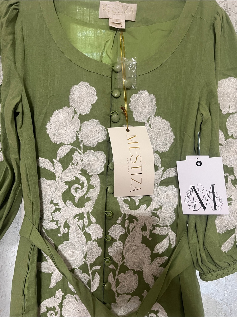 Mestiza Olive Green Embroidered Midi Dress